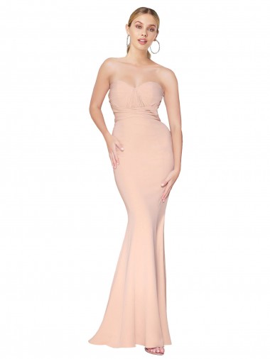 Cheap Sweetheart Shirred Neck Long Floor Length Crepe Bridesmaid Dress