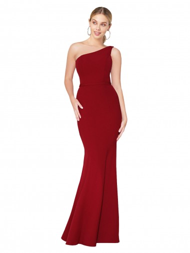 Cheap One Shoulder Long High Neck Sleeveless Mermaid Crepe Bridesmaid Dress
