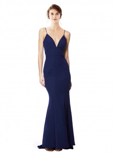 Cheap Deep V-Neck Spaghetti Straps Mermaid Crepe Bridesmaid Dress