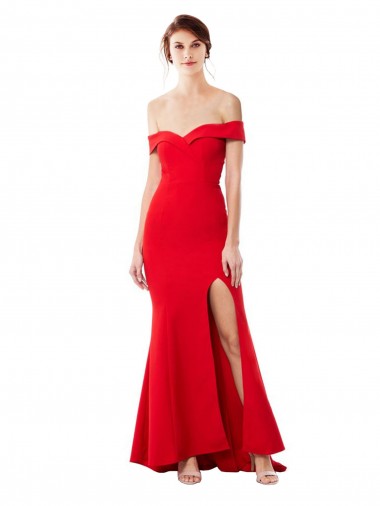 Cheap Off the Shoulder Sweetheart Maxi Crepe Bridesmaid Dress With Thigh Split and Train