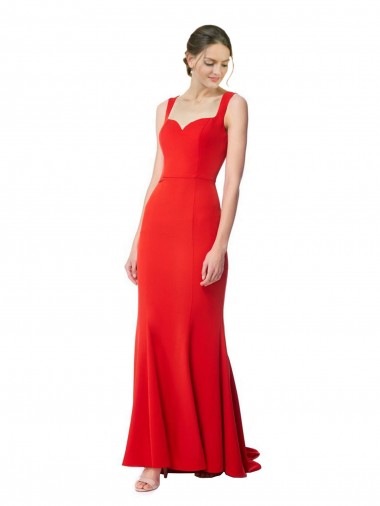 Cheap Long Chapel Train Fishtail Maxi Crepe Bridesmaid Dress with Sweetheart Neckline