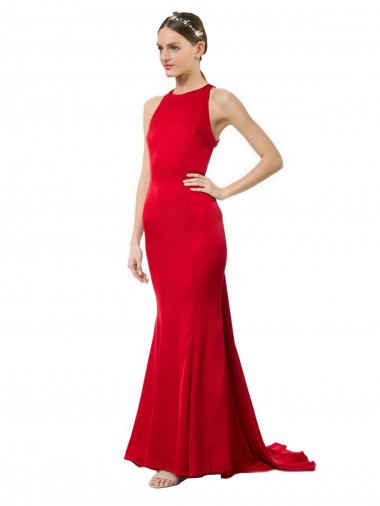 Cheap High Neck Mermaid Open Back Crepe Maxi Bridesmaid Dress with Train Detail