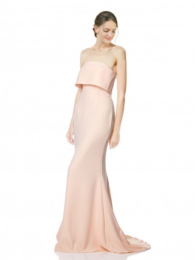 Cheap High Neck Strapless Long Crepe Maxi Bridesmaid Dress with Overlay