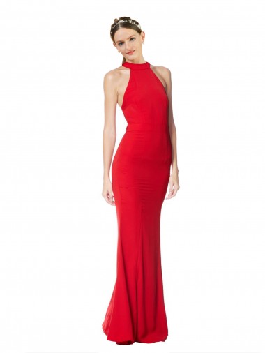 Cheap Halter Neck Keyhole Back Sleeveless Crepe Maxi Bridesmaid Dress