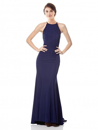 Cheap High Neck Fishtail Crepe Bridesmaid Dress with Open Back Detail