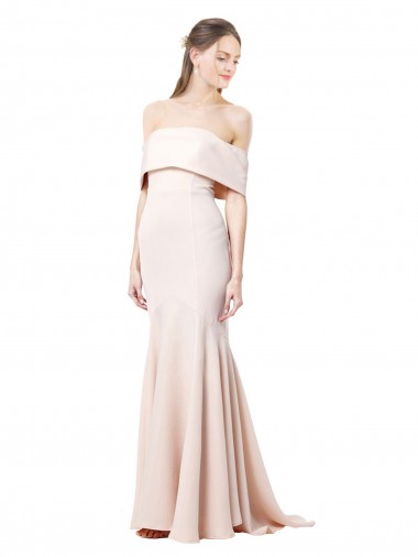 Cheap Mermaid Bardot Maxi Crepe Bridesmiad Dress with Fishtail Train