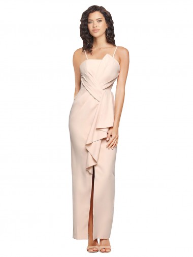 Cheap Long Full Length Ruffles Strapless Low Back Crepe Bridesmaid Dress with Straps
