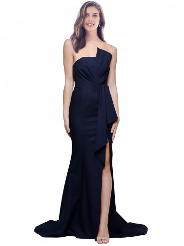 Cheap Long Strapless Sweep Train Low Back Crepe Bridesmaid Dress