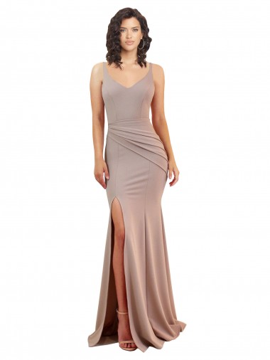 Cheap Fishtail Shape V-Neck Crepe Bridesmaid Dress with Slit