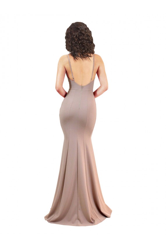 Fishtail Shape V-Neck Crepe Bridesmaid Dress with Slit
