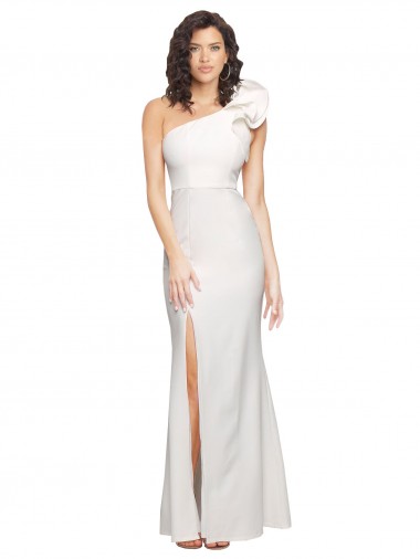 Cheap One Shoulder Long Full Length Crepe Bridesmaid Dress with Ruffles and Side Split