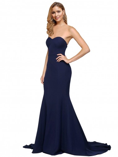 Cheap Fit and Flare Sweetheart Long Crepe Bridesmaid Dress with Sweep Train