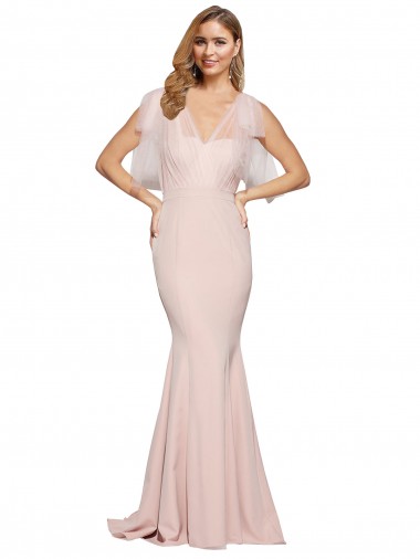 Cheap Double Bow Full Length Sweetheart Crepe Bridesmaid Dress with Tulle Overlay