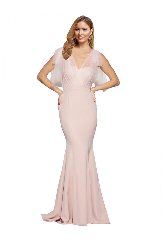 Double Bow Full Length Sweetheart Crepe Bridesmaid Dress with Tulle Overlay