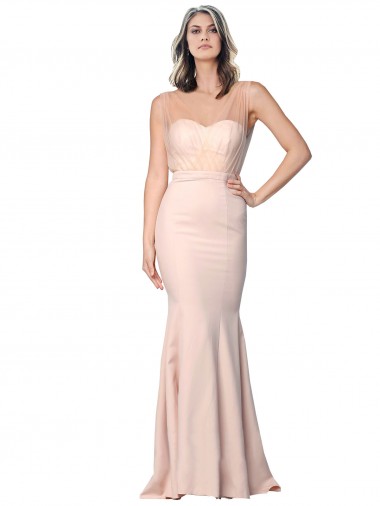 Cheap Full Length Sweetheart Crepe Bridesmaid Dress with Tulle Overlay