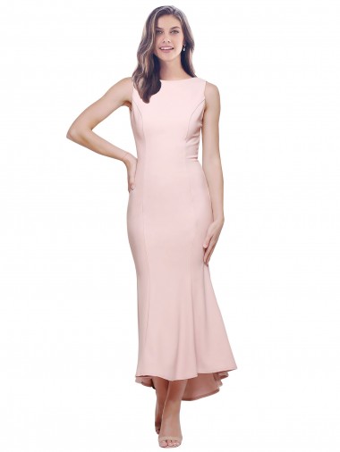 Cheap High Neck Low V-Back Midi Length Crepe Bridesmaid Dress