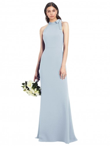 Cheap Halter Bow Neck Open Back Soft Full Length Trumpet Bridesmaid Dress