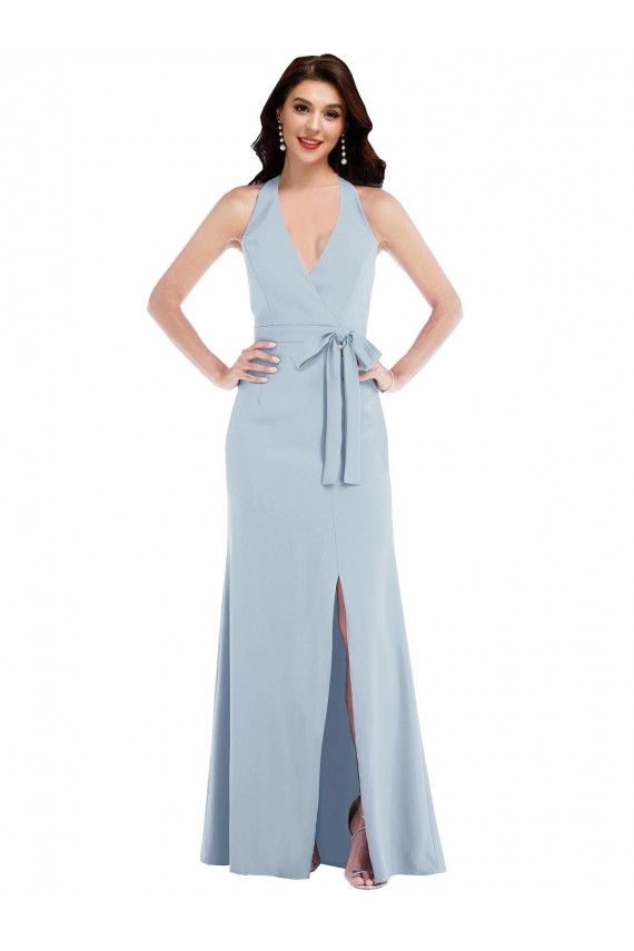 Open Back Halter Maxi Bridesmaid Dress with Draped Bow
