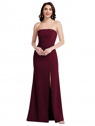 Cheap Strapless Crepe Maxi Bridesmaid Dress with Front Slit