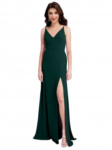 Cheap Slim A-Line V-Neck Full Length Crepe Bridesmaid Dress with Side Slit