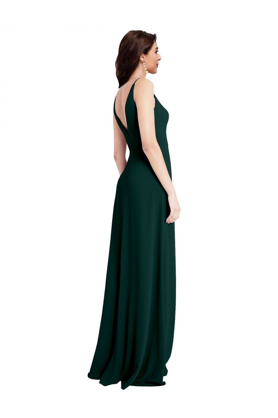 Slim A-Line V-Neck Full Length Crepe Bridesmaid Dress with Side Slit