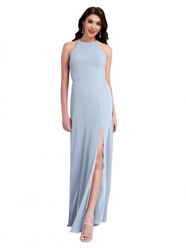 Cheap Fit and Flare High Neck Crepe Bridesmaid Dress with Side Slit