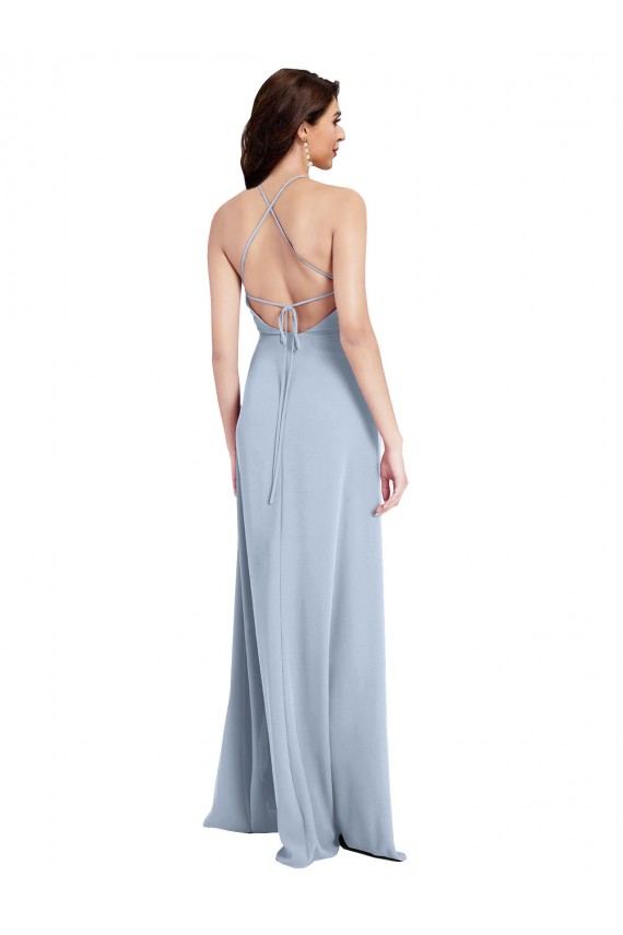 Fit and Flare High Neck Crepe Bridesmaid Dress with Side Slit