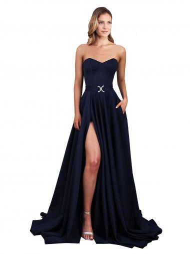 Cheap Sweetheart Neckline Low Back Long Crepe Bridesmaid Dress with High Leg Spit