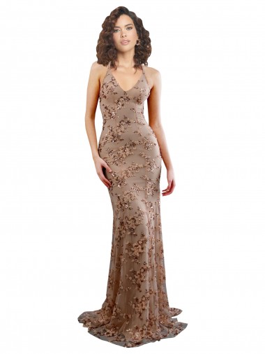 Cheap Floral Patterned Backless V-Neckline Sequin Bridesmaid Dress