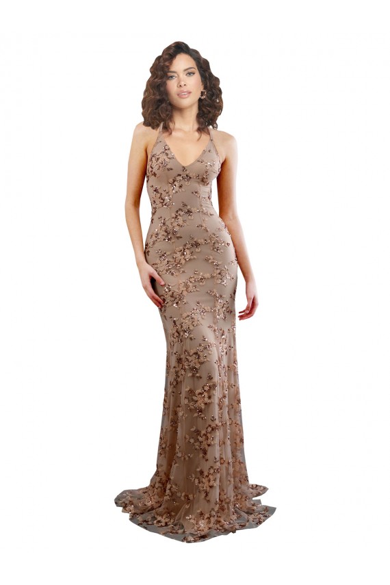 Floral Patterned Backless V-Neckline Sequin Bridesmaid Dress