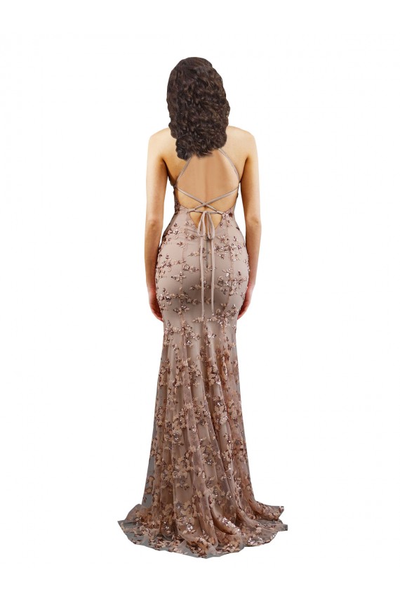 Floral Patterned Backless V-Neckline Sequin Bridesmaid Dress