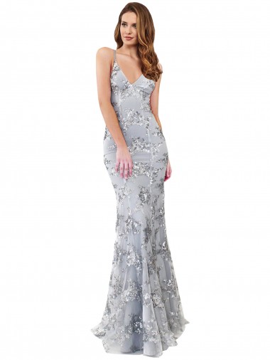 Cheap Silver V-Neckline Backless Floral Patterned Sequin Bridesmaid Dress