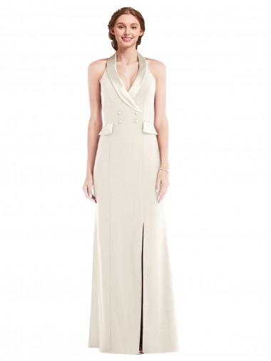 Cheap Halter Tuxedo Maxi Bridesmaid Dress with Front Slit