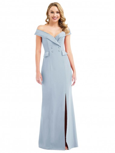 Cheap Off the Shoulder Tuxedo Maxi Bridesmaid Dress with Front Slit