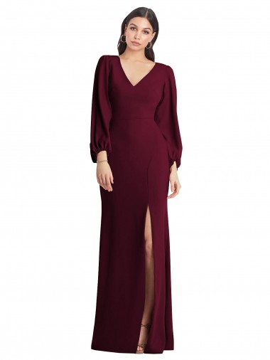 Cheap Long Puff Sleeve V-Neck Trumpet Bridesmaid Maxi Dress