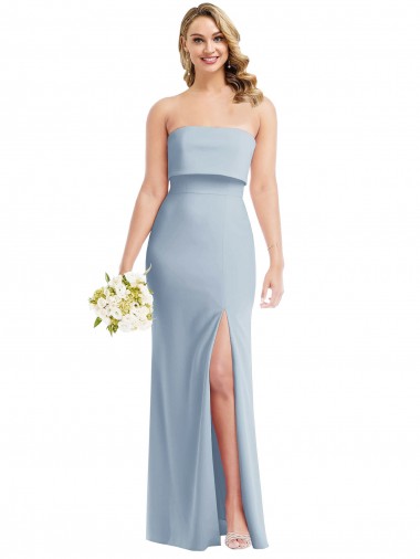 Cheap Strapless Overlay Bodice Crepe Maxi Bridesmaid Dress with Front Slit