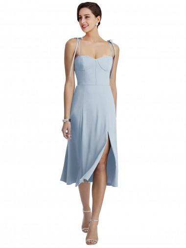 Cheap Midi Length Bustier Crepe Bridesmaid Dress with Back Bow Straps