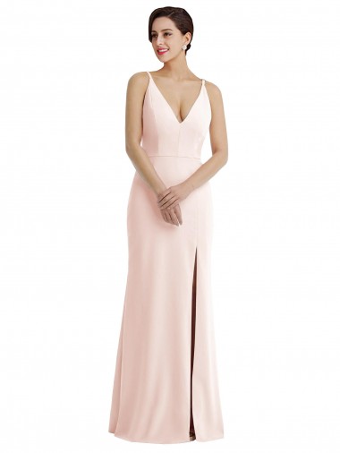Cheap Skinny Strap Deep V-Neck Crepe Trumpet Bridesmaid Dress with Front Slit