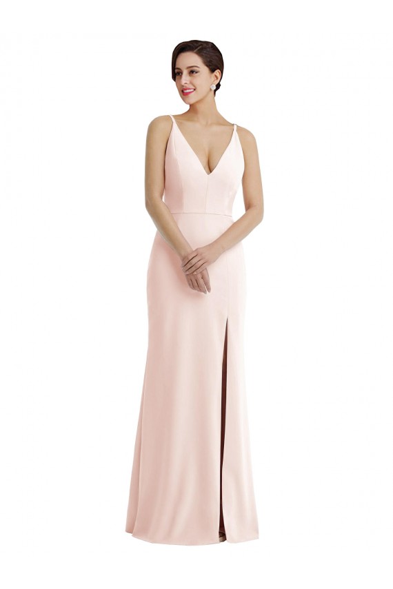Skinny Strap Deep V-Neck Crepe Trumpet Bridesmaid Dress with Front Slit