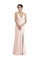 Skinny Strap Deep V-Neck Crepe Trumpet Bridesmaid Dress with Front Slit
