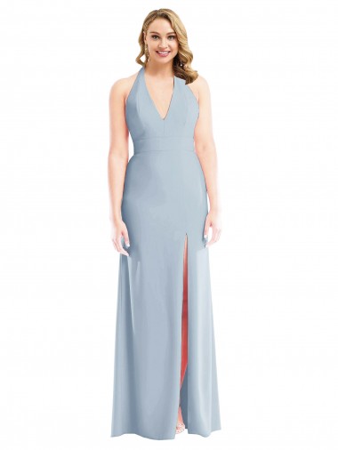 Cheap Plunge Neck Halter Backless Trumpet Bridesmaid Dress with Front Slit