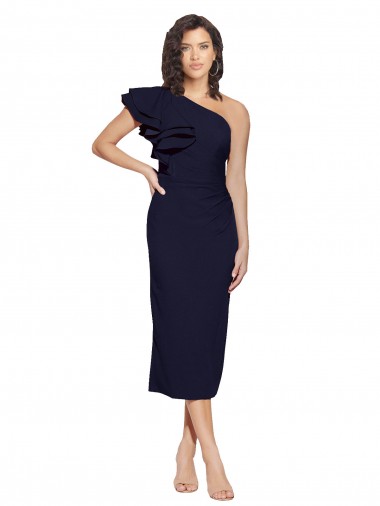 Cheap Ruched Midi Length Short Crepe Bridesmaid Dress with Shoulder Ruffles