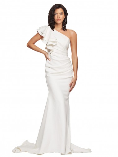 Cheap Ruched Long Sweep Train Crepe Bridesmaid Dress with Shoulder Ruffles
