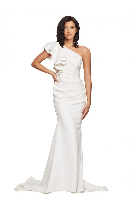 Ruched Long Sweep Train Crepe Bridesmaid Dress with Shoulder Ruffles
