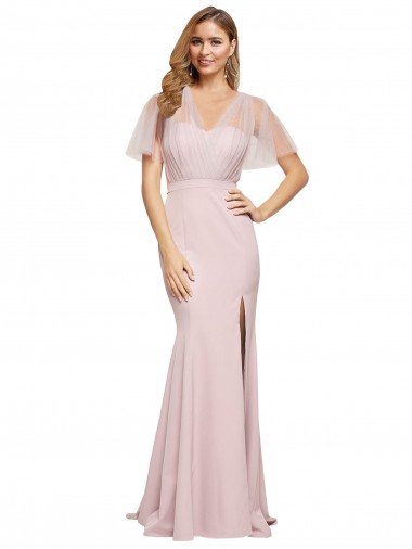 Cheap Crepe Long Sweetheart Neckline Bridesmaid Dress with Tulle Overlay Shoulders