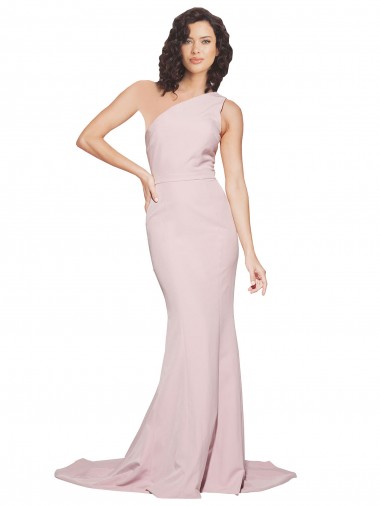 Cheap Long Sweep Train One Shoulder Crepe Bridesmaid Dress with Side Leg Split