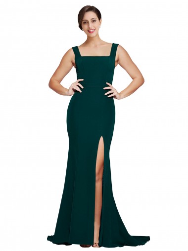 Cheap Fitted Square Neck Long Crepe Bridesmaid Dress with Train and Side Split