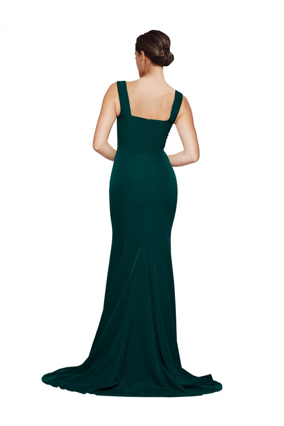 Fitted Square Neck Long Crepe Bridesmaid Dress with Train and Side Split