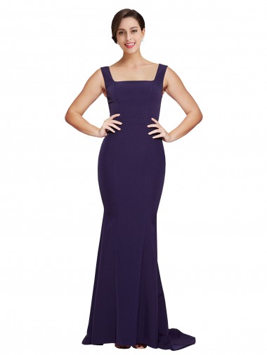 Cheap Square Neck Long Sweep Train Crepe Bridesmaid Dress with Thick Straps