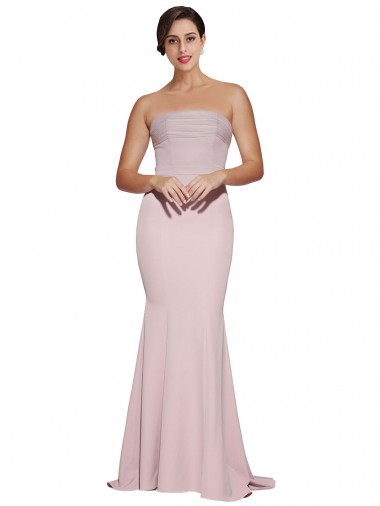 Cheap Straight Neck Long Strapless Crepe Bridesmaid Dress with Soft Tulle Overlay and Small Train